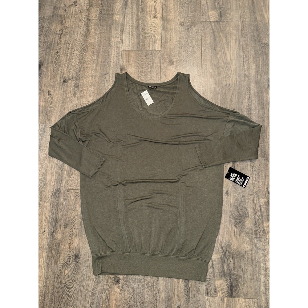 Express Women's Sz L Shirt Olive Long Sleeve Cold Shoulder Banded Hem Y2K Grunge